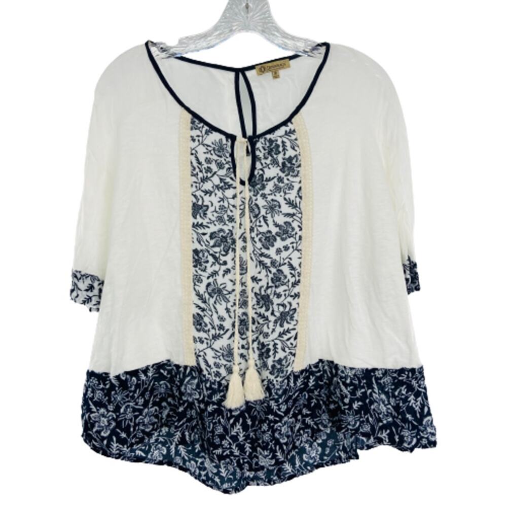 DEMOCRACY White Black Color Block Print Pullover Blouse 3/4 Sleeve  Blouse M